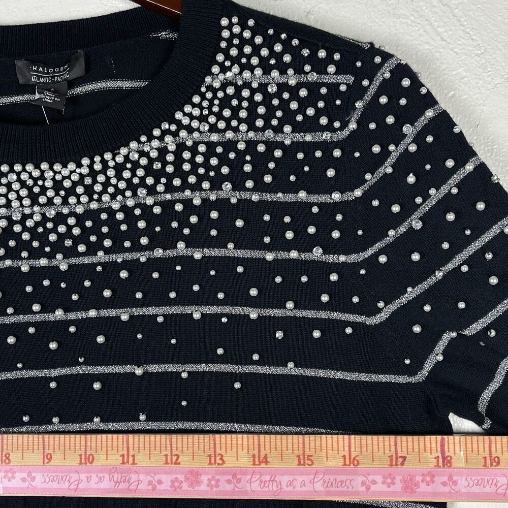 Halogen x Atlantic-Pacific Embellished Stripe Sweater Black Pearl Rhinestone - Picture 5 of 13